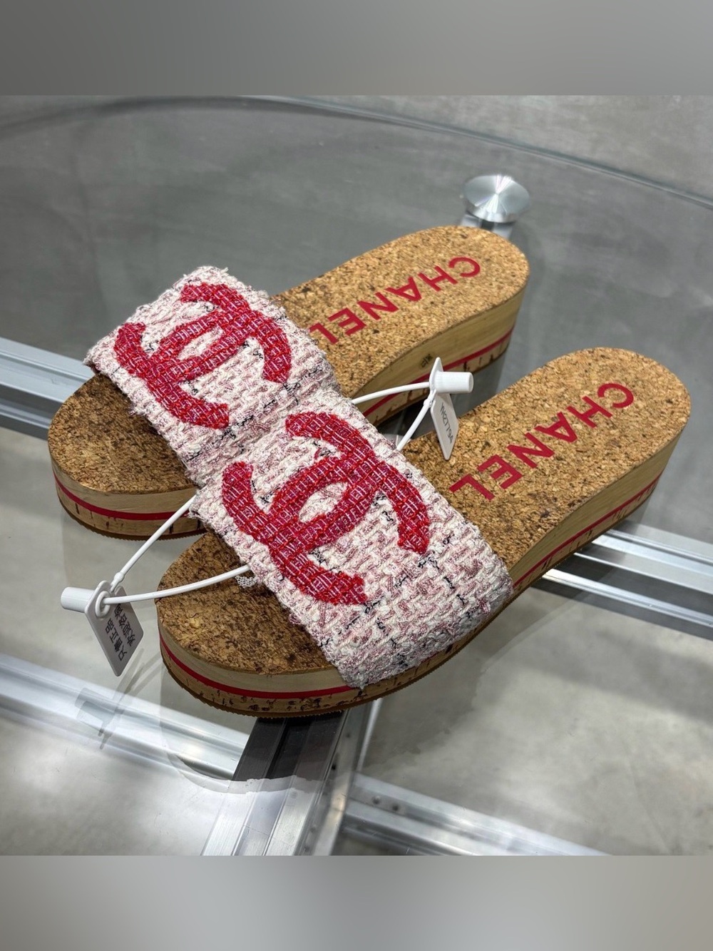 CHANEL Pink Tweed Slides with Red Logo on Cork Footbed